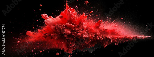 illustration of abstract red paint splash isolated on black background. Generative AI