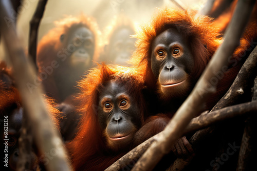 Group of Orangutan in the wild at sunset. Endangered species. Amazing Wildlife. Generative Ai