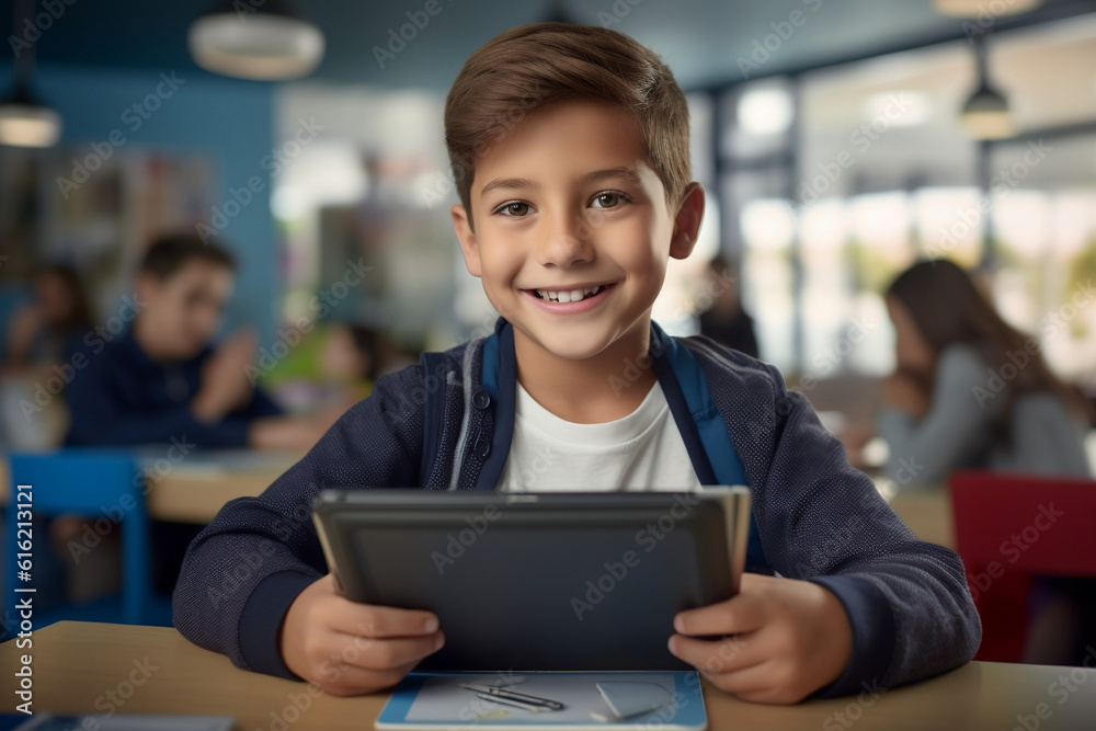 Boy smiles while using tablet in classroom Boy smiles while using tablet in classroom