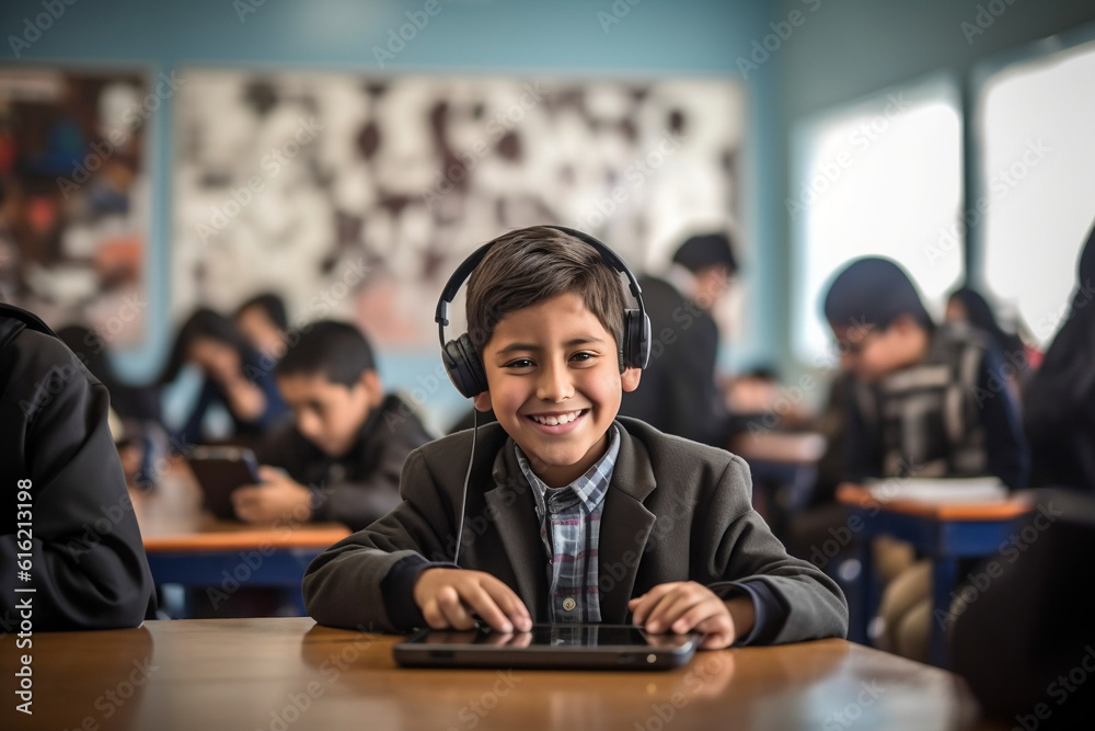 Boy smiles while using tablet in classroom Boy smiles while using tablet in classroom