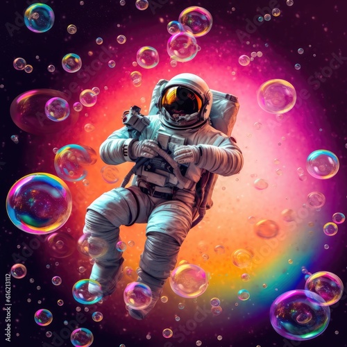 Astronaut celebrating in a soap bubbles. Spaceman wearing white space suit and helmet. Concept of cosmonautics, space travel, freedom and winning