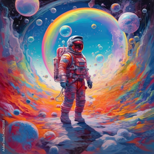 Astronaut cosmonaut discovery of new worlds of galaxies panorama, fantasy portal to far universe. Astronaut space exploration, gateway to another universe
