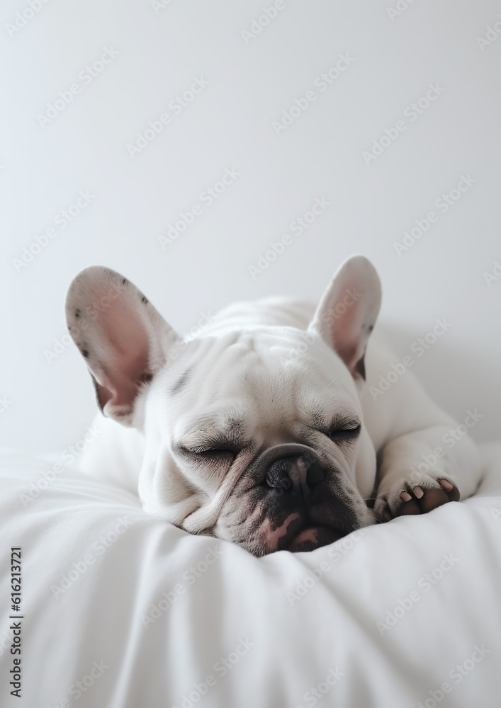 Dreaming French Bulldog: Sleeping on White Sheets. Generative AI