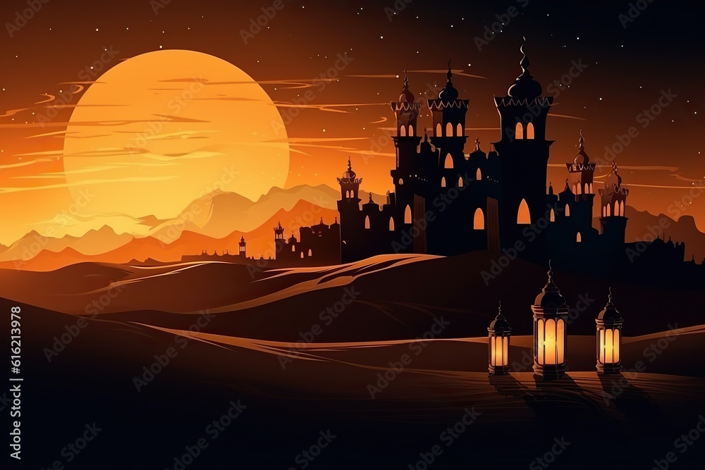 Enchanting Arabian Nights: Mosque and Lamp in the Desert. Generative AI