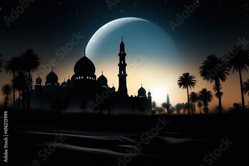 Enchanting Arabian Nights: Mosque and Lamp in the Desert. Generative AI © DigitalGenetics