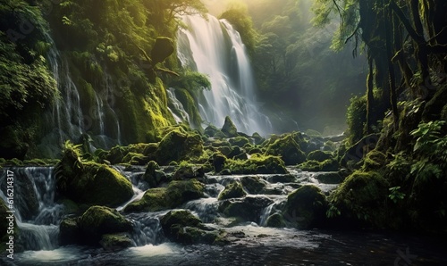  a waterfall in the middle of a forest filled with green mossy rocks and trees  with sunlight streaming through the trees and water cascading.  generative ai