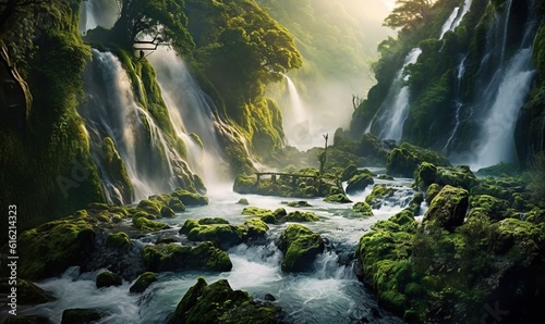  a river flowing through a lush green forest filled with lots of trees and moss covered rocks, with a bridge in the middle of the water.  generative ai © Anna