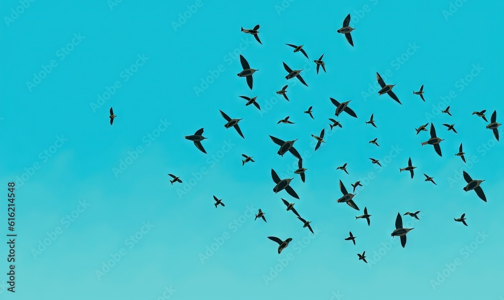  a flock of birds flying through a blue sky in the day time, with a flock of birds in the foreground and the sky in the background, there is a blue sky with a few clouds.  generative ai