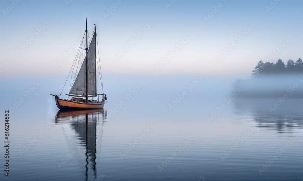  a sailboat floating on a lake with a foggy sky in the background and trees in the foreground, with a small island in the distance.  generative ai