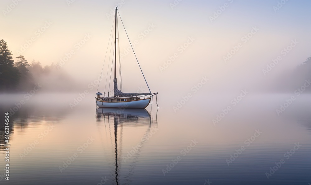  a sailboat floating on a lake in the middle of a foggy day with trees in the background and a few mists on the water.  generative ai