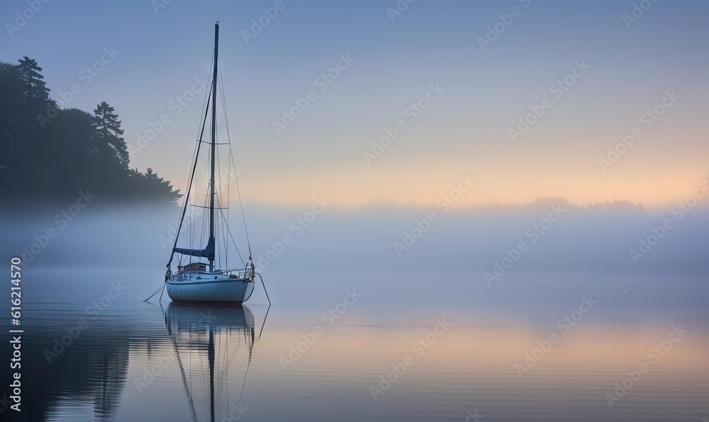  a sailboat floating on a lake with a foggy sky in the background and trees in the foreground, with the sun setting on the horizon.  generative ai