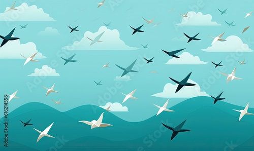  a flock of birds flying over a blue ocean with clouds in the sky and a blue sky with white clouds and blue sky with white clouds.  generative ai