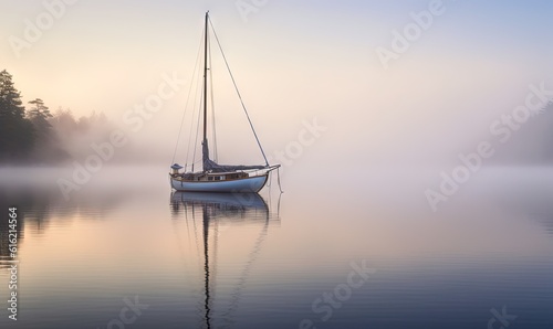  a sailboat floating on a lake in the middle of a foggy day with trees in the background and a few mists on the water. generative ai