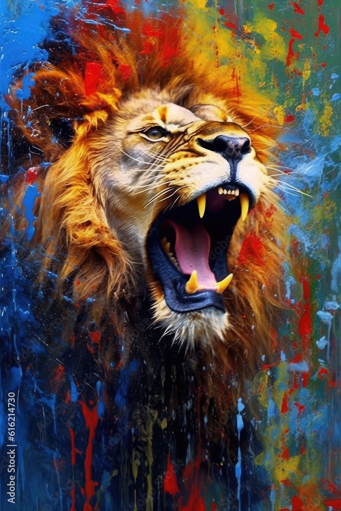 lion  form and spirit through an abstract lens. dynamic and expressive lion print by using bold brushstrokes, splatters, and drips of paint. lion raw power and untamed energy
