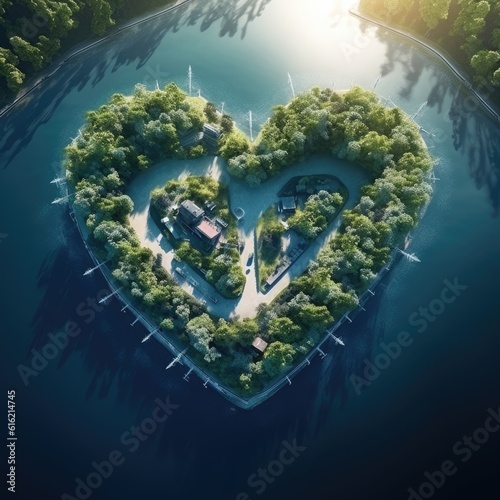 Heart tropical forest shape in the forest from aerial view in concept of environment caring devotion, water sustainability, sun beam, sun set © mirexon