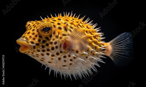  a close up of a fish on a black background with a black background and a white and yellow fish with black spots on it's head. generative ai