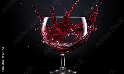  a wine glass with red wine splashing out of the top of it on a black background with a black back ground and a black back ground.  generative ai