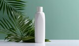  a bottle of lotion next to a plant on a white table with a green background and a blue wall behind it, with a green plant in the foreground.  generative ai