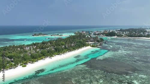 aerial view, Asia, Maldives, North Male Atoll, Kuda Huraa,  Four Season Maldives, , with beaches and water bungalows photo
