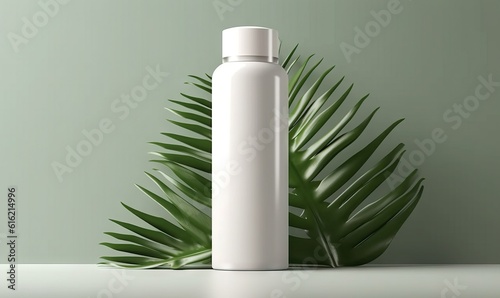  a white bottle next to a green plant on a white table with a green wall in the background and a green plant in the foreground. generative ai