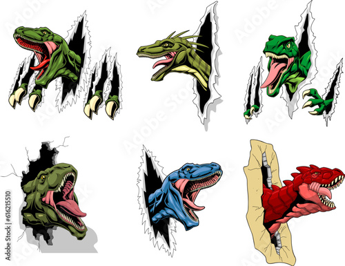 Dinosaurs Mascot Graphic Design. Vector Hand Drawn Collection Set Isolated On Transparent Background