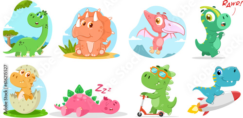 Cute Baby Dinosaurs Cartoon Characters. Vector Flat Design Collection Set Isolated On Transparent Background