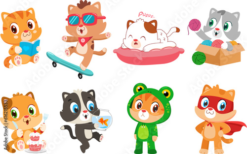 Cute Baby Cats Cartoon Characters. Vector Flat Design Collection Set Isolated On Transparent Background
