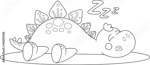 Outlined Cute Baby Dinosaur Cartoon Character Sleeping. Vector Hand Drawn Illustration Isolated On Transparent Background