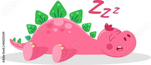 Cute Baby Dinosaur Cartoon Character Sleeping. Vector Illustration Flat Design Isolated On Transparent Background