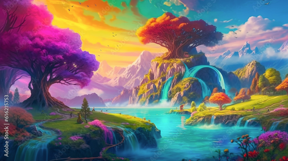 A dreamy fantasy landscape filled with vibrant pristine lush untouched nature, mountain valley, flowers and streams. V2.