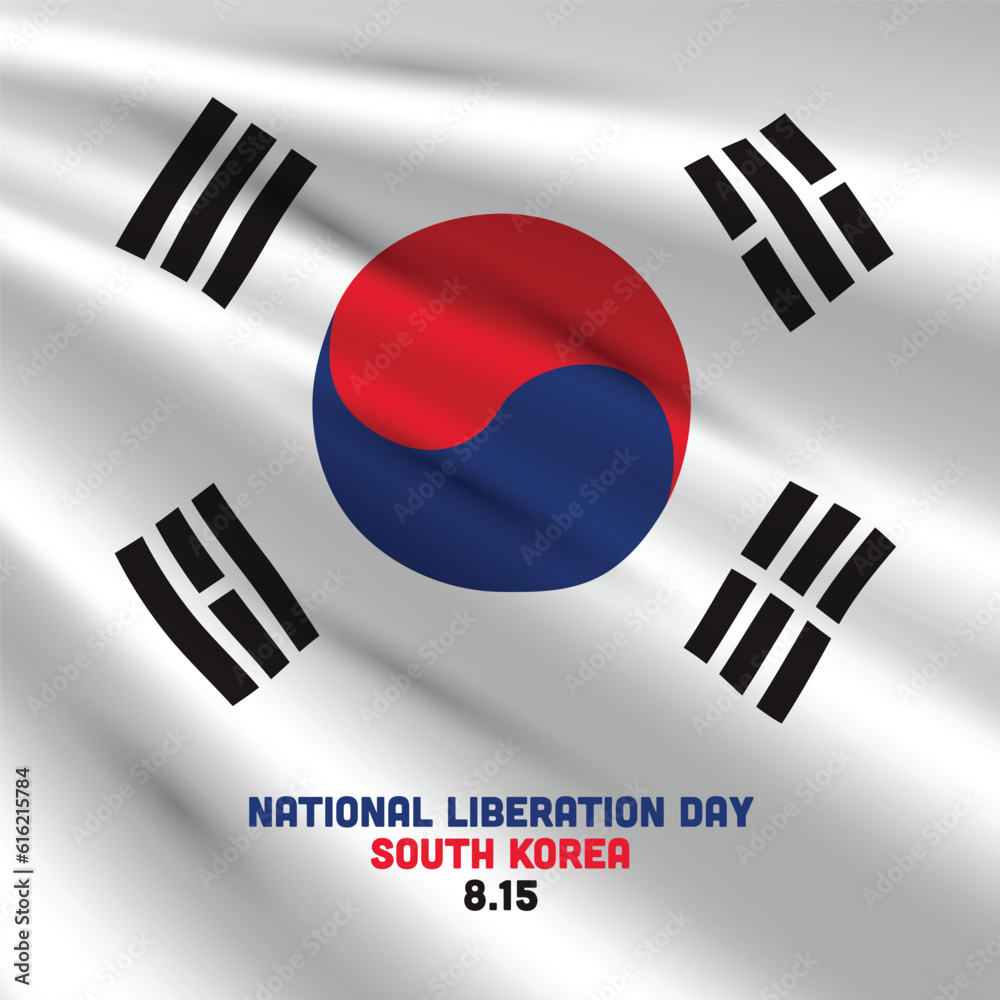 National Liberation Day of Korea, august 15 - korean flag flying and confetti flying around on blue sky National Liberation Day of Korea, august 15 - korean flag flying and confetti flying around on blue sky