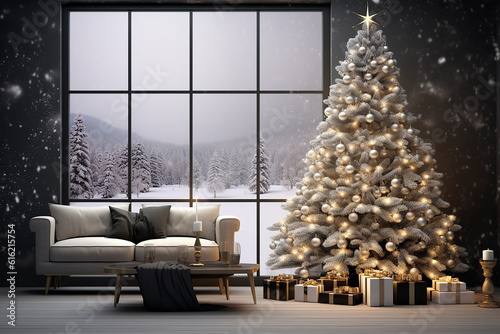 Christmas tree in the night with wide window and snowy view Generative AI