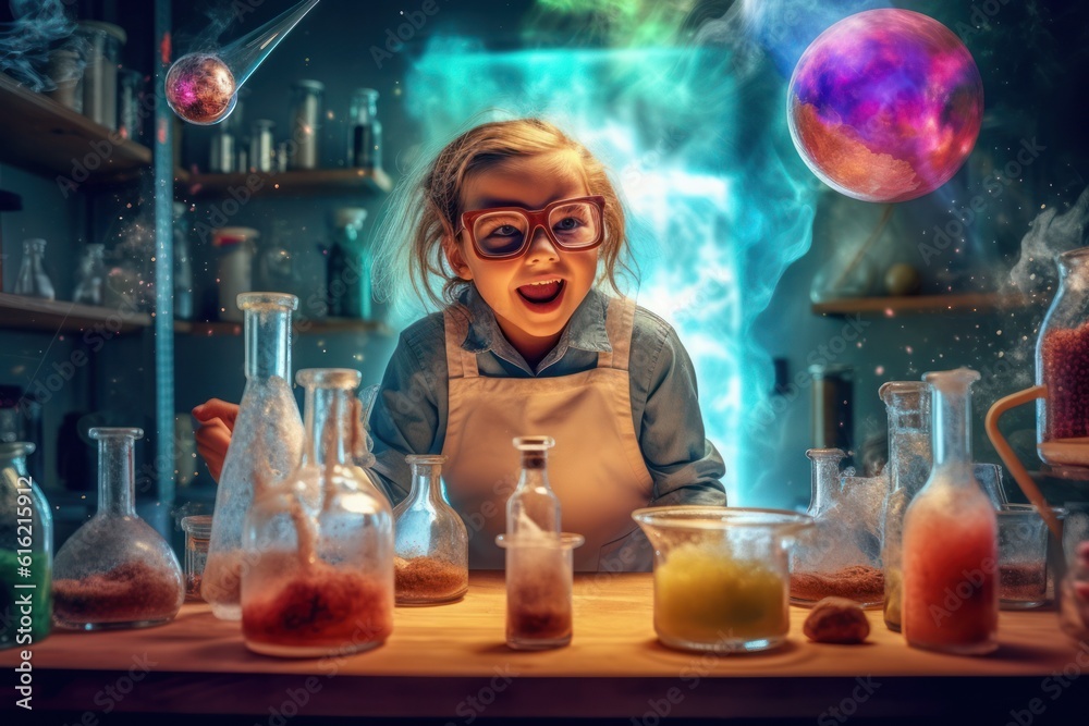 Little girl conducting science experiment in laboratory, surrounded by