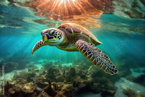 Sea turtle gliding through crystal clear turquoise waters