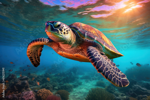 Sea turtle gliding through crystal clear turquoise waters © Postproduction