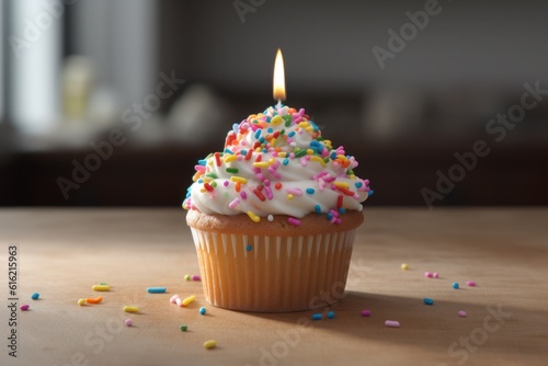 Mouthwatering cupcake with a single candle, topped with a cascade of rainbow sprinkles