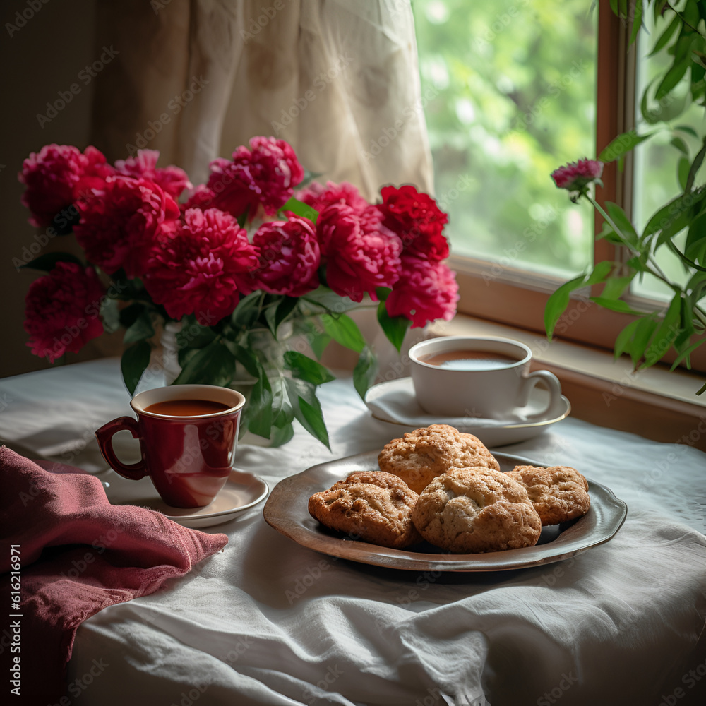 Crimson peonies and a plate of homemade cookies and a cup of tea on the table Crimson peonies and a plate of homemade cookies and a cup of tea on the table