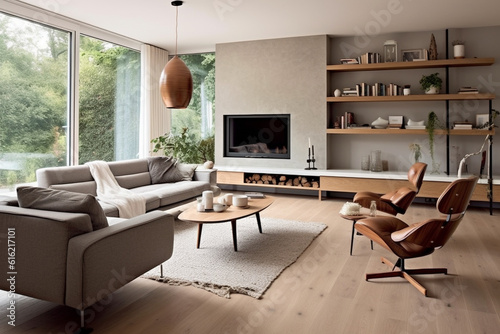 Salon moderne avec canapé, table basse, cheminée, style contemporain et scandinave, vue sur l'extérieur