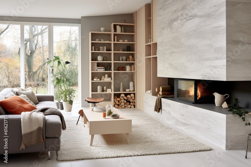 Salon moderne avec canapé, table basse, cheminée en marbre avec insert, bibliothèque, style contemporain, vue sur l'extérieur, automne