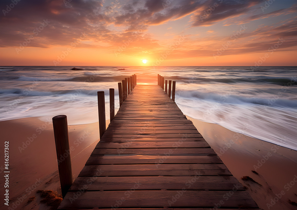 Fototapeta premium pier at the beach, nice sunset over the ocean with dock