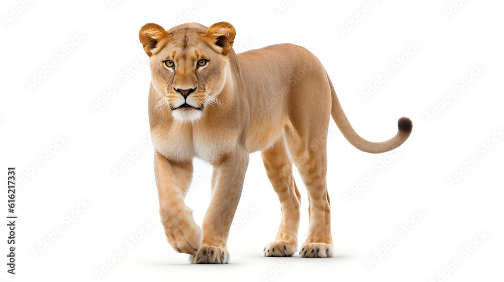 Obraz premium lioness walking, white background. Generative AI.