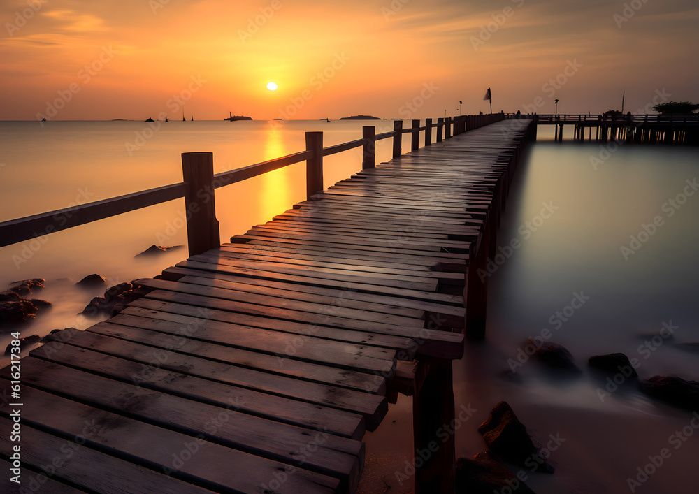 Fototapeta premium pier at the beach, nice sunset over the ocean with dock