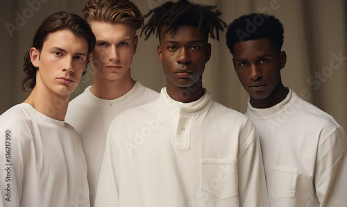 Four white shirted young men standing together afro futurism