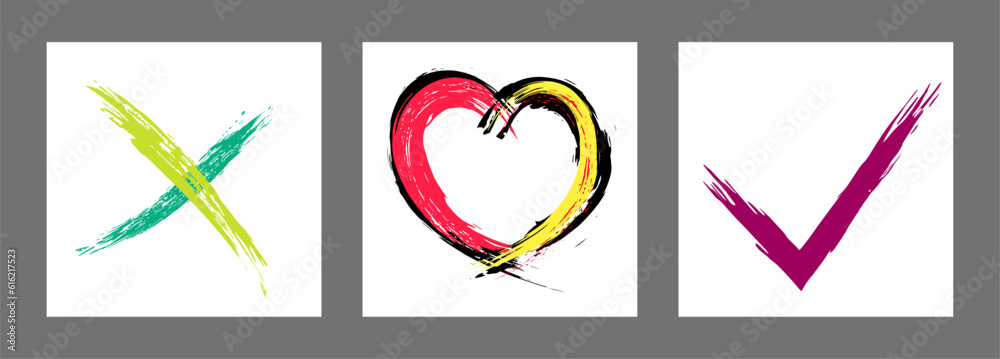 The cross, heart and OK symbol are hand-drawn with a brush. Prohibition, denial, error. Love. Approval, consent. Vector, set of 3 characters The cross, heart and OK symbol are hand-drawn with a brush. Prohibition, denial, error. Love. Approval, consent. Vector, set of 3 characters
