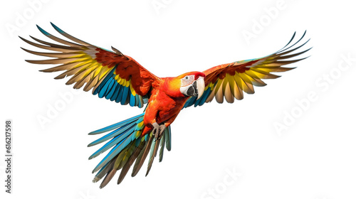 macaw flying, white background. Generative AI. © CompotaCriativa