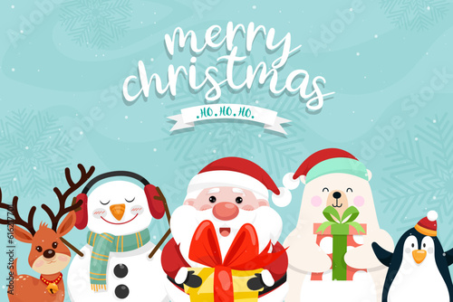 Christmas scenes snowflake with Santa claus, penguin, reindeer, bear, snowman. Merry Christmas cutout element