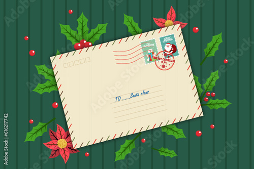 Cartoon Christmas envelop postage with stamp decoration by berry and leaf.