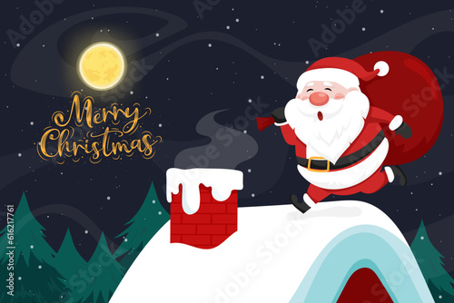 Santa Claus on the rooftop and chimney at the Christmas night with full moon and snowfall.