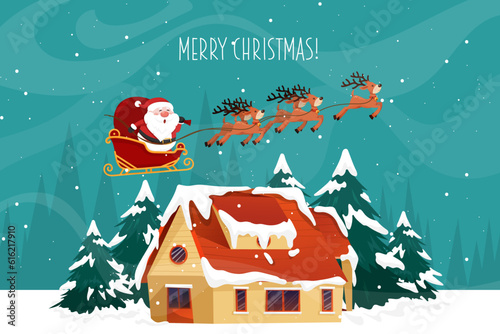 Santa Claus sled over rooftop and chimney at the Christmas night with full moon and snowy.