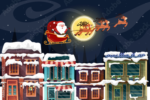 Santa Claus sled over rooftop and chimney at the Christmas night with full moon and snowy.
